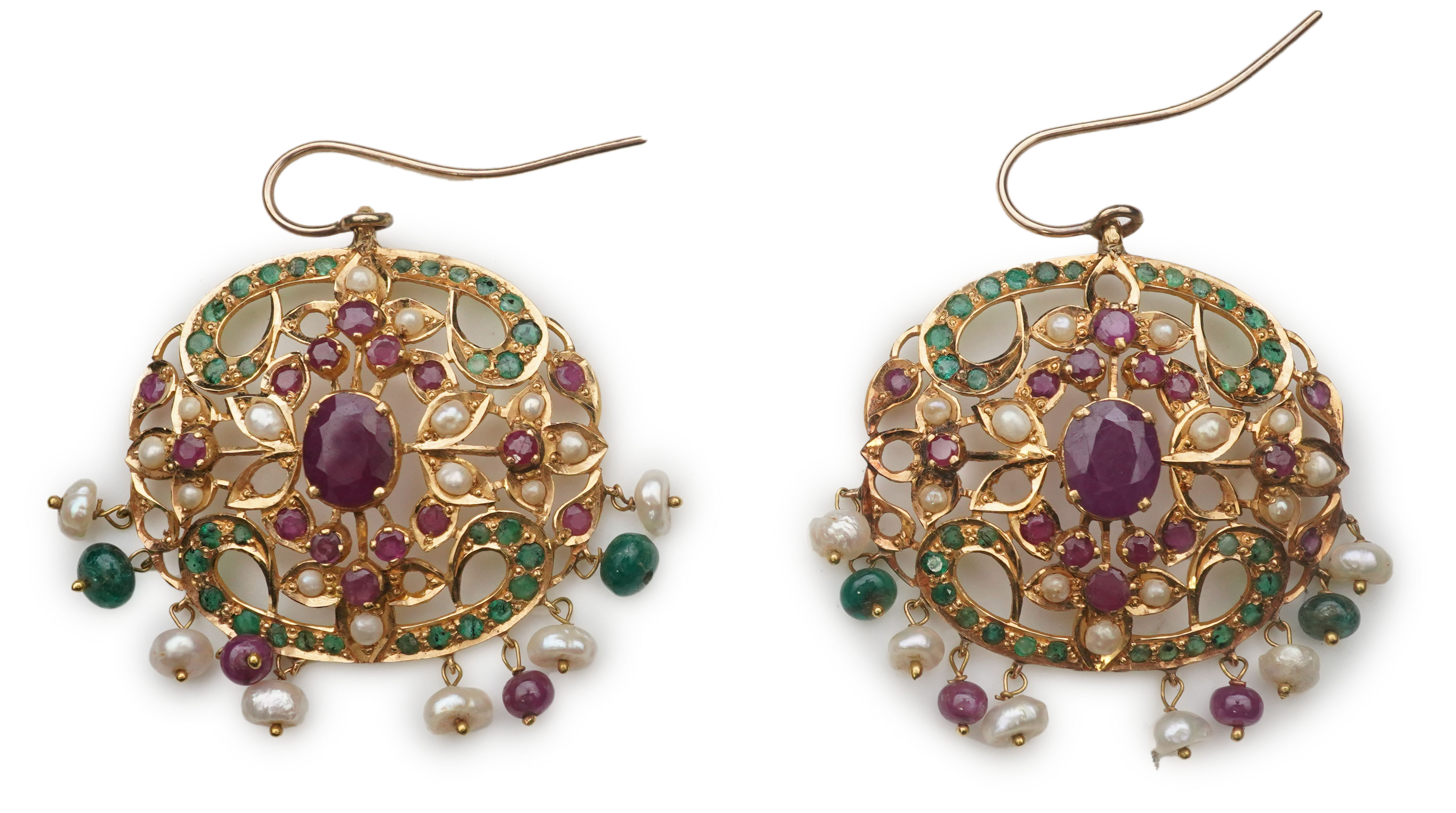 A pair of gem-set and seed pearl earrings, India